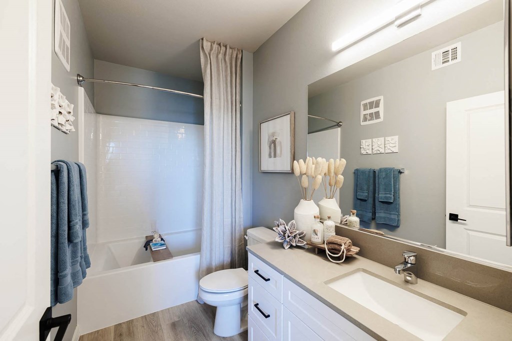 Bathroom with sink, counter, and mirror at BASE APARTMENT HOMES, LAS VEGAS, 89166