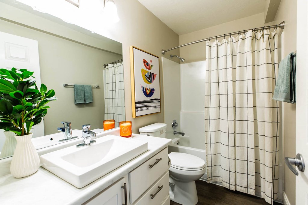a bathroom with a sink and a toilet and a shower at Mountain Run Apartments, Orem, UT 84058