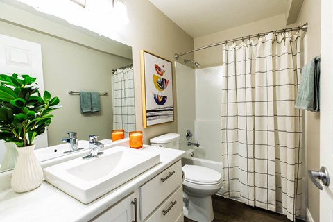 a bathroom with a sink and a toilet and a shower at Mountain Run Apartments, Orem, UT 84058