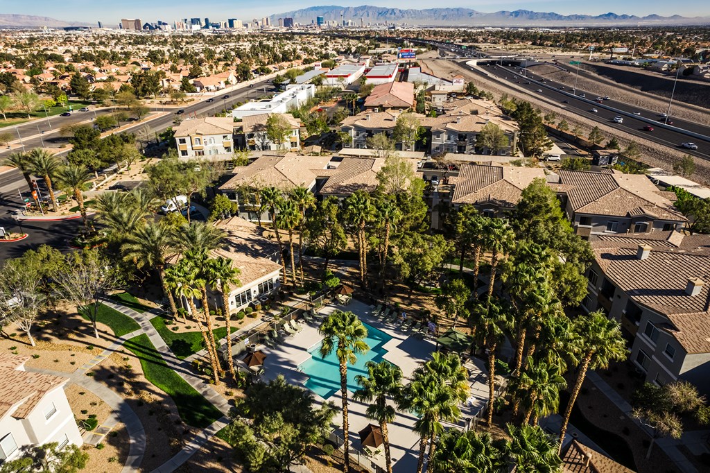 A bird's eye view of a residential area with a swimming pool surrounded by palm trees.