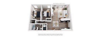 A modern apartment layout with a kitchen, living room, and bedroom.