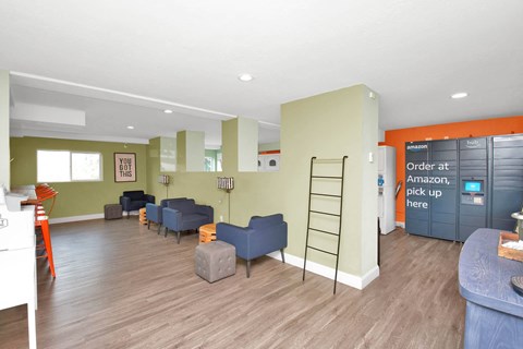 a living room with couches and chairs and a ladder at Mountain Run Apartments, 84058