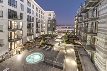 View of spa between buildings l Orion Apartments in Oakland - Photo Gallery 2