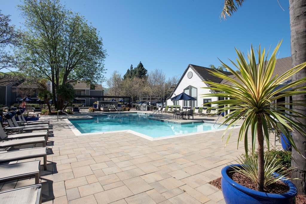 A pool surrounded by chairs and trees at Kirker Creek Apartments, California