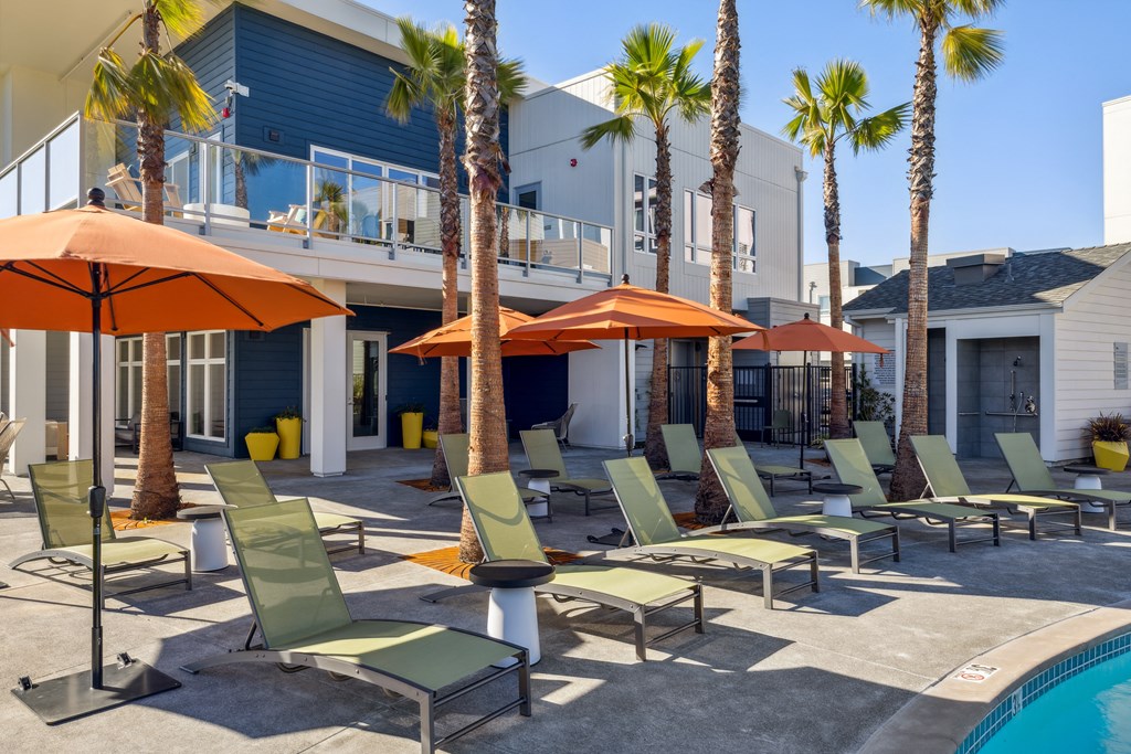 a group of lawn chairs and umbrellas near a pool and a house at 38° NORTH, Santa Rosa, CA