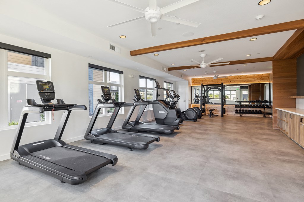 the gym with treadmills and other cardio equipment at the flats at 3600 at 38° NORTH, Santa Rosa, 95404