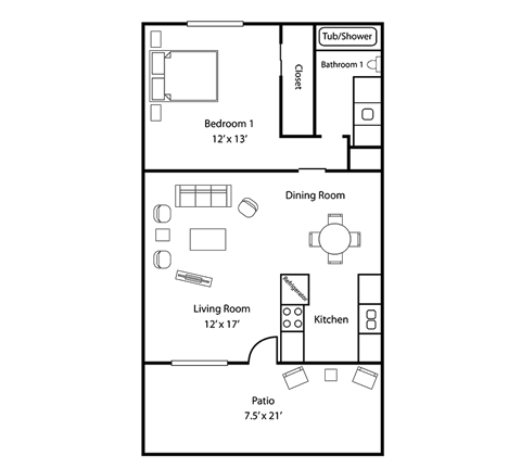 One bedroom floor plan 615 square feet
