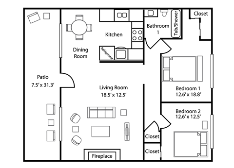 Two bedroom floor plan 815 square feet
