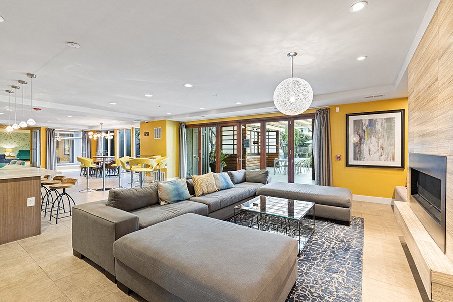 Clubhouse with large couch and fireplace