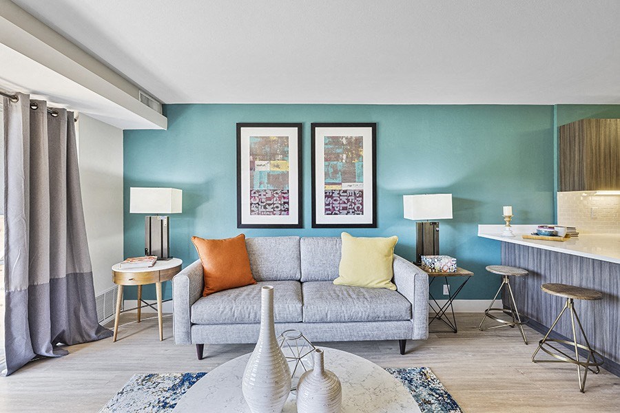 Furnished living room with acesent wall