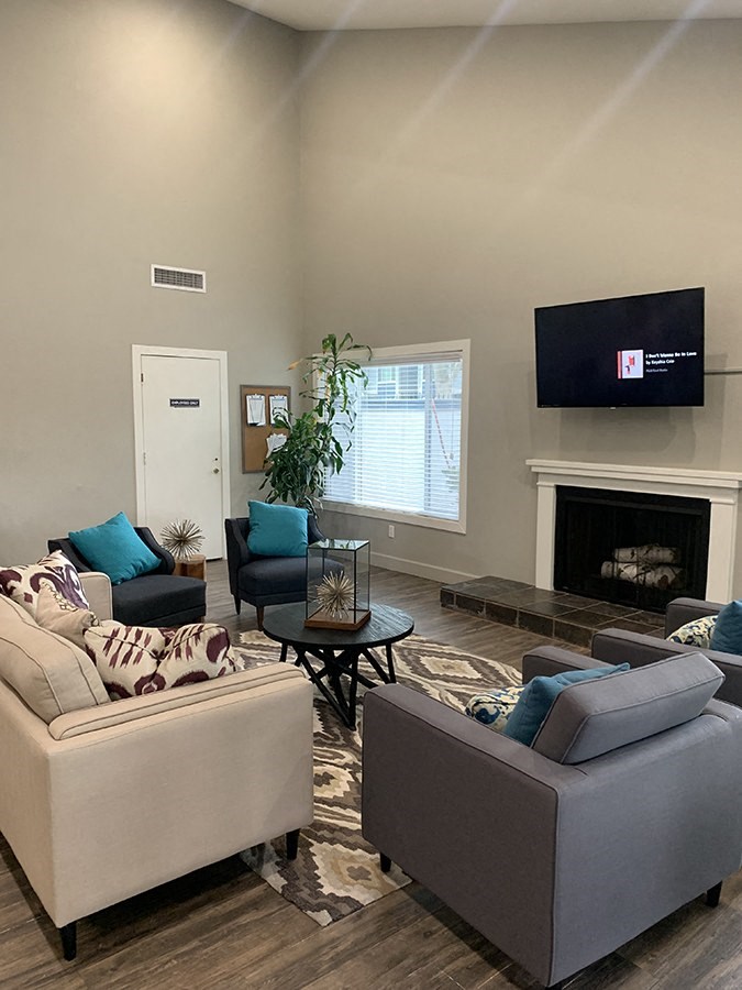 Clubhouse seating by fireplace