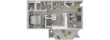 a 3d rendering of the living room and bedroom of a 2100 sq ft apartment