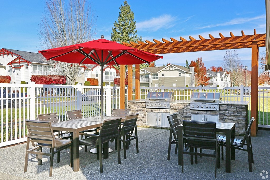 Apartments Near JBLM- Clock Tower Village- Picnic Tables with BBQ Pits and BBQ Gazebo