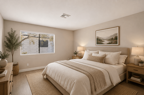 A bedroom with a large bed and a painting on the wall.