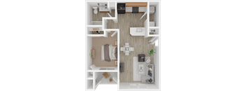 A 3D floor plan of a small apartment with a kitchen, living room, and bedroom.