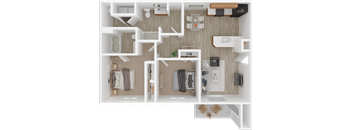 A top-down view of a small apartment with a kitchen, living room, and bedroom.