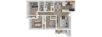 A 3D floor plan of a house showing two bedrooms, a living room, a kitchen, and a bathroom.
