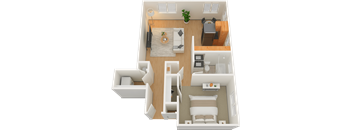 A 3D floor plan of a small apartment with a kitchen, living room, and bedroom.