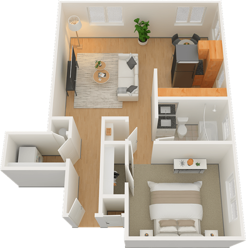 A 3D floor plan of a small apartment with a kitchen, living room, and bedroom.