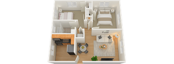 A 3D floor plan of a house showing a living room, kitchen, and two bedrooms.