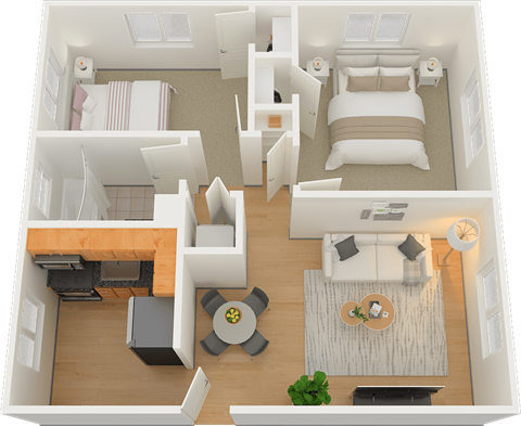 A 3D floor plan of a house showing a living room, kitchen, and two bedrooms.