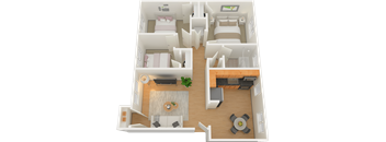A 3D floor plan of a small apartment with two bedrooms, a living room, and a kitchen at Lake Washington Apartments, Seattle, WA
