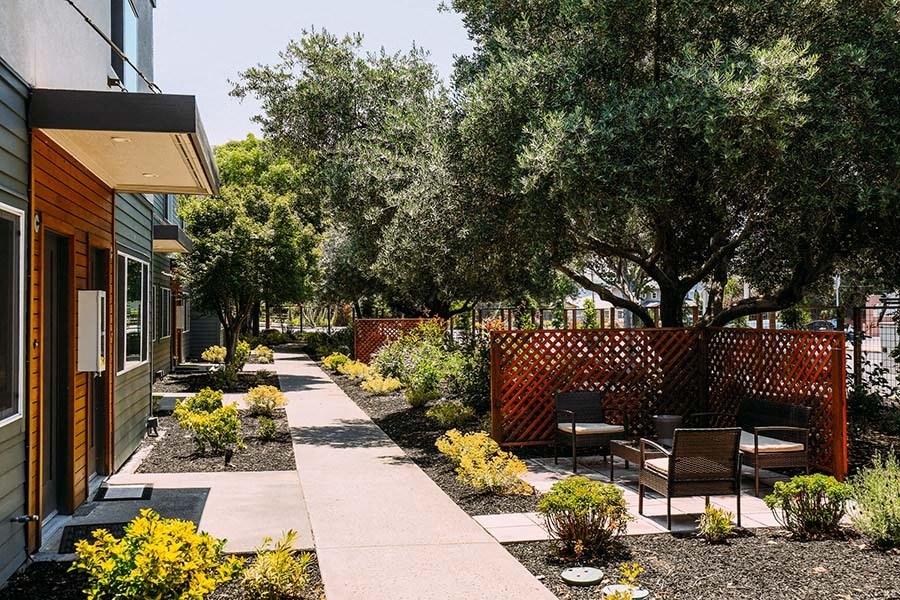 Walkway near seating and buildings