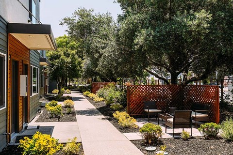 Walkway near seating and buildings