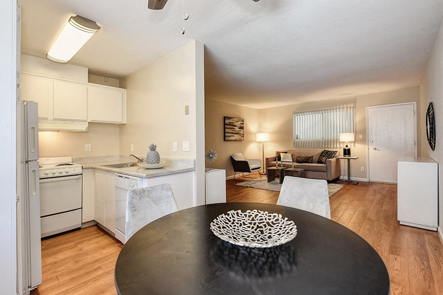 Kitchen, living, and dining area at GLENWOOD GARDEN, California