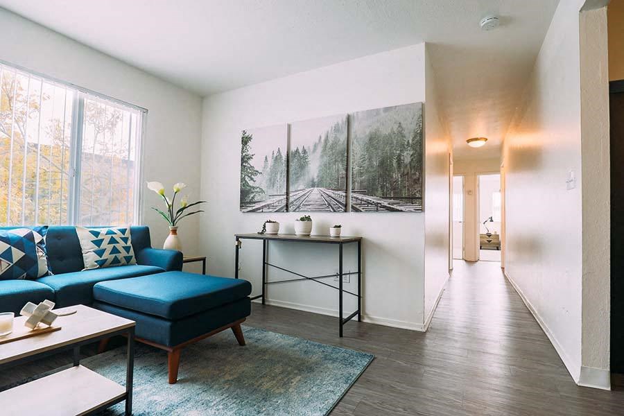 Living room with view to hall and bedrooms