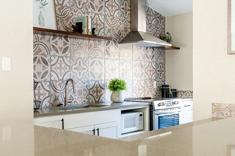 A kitchen with a patterned backsplash and a stove top oven.