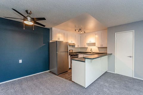 a kitchen with a stainless steel refrigerator and a blue wall