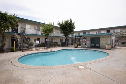 A small pool in a courtyard surrounded by a fence.
