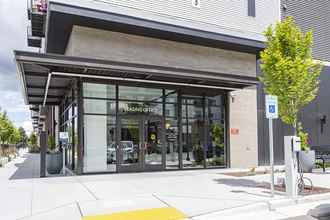 Exterior view of building leasing offie entry