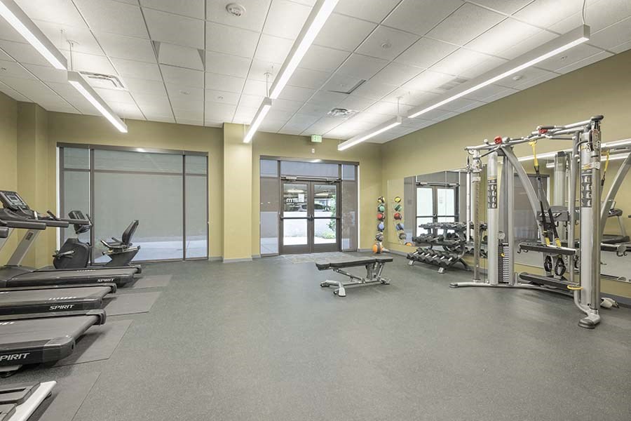 Fitness Center Equipped With Cardio Machines, Weights, Strength Machines, And Workout Bench at FARM BY VINTAGE, MILL CREEK, 98012