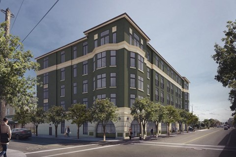 Rendering of exterior building from street at Grand and Linden Family Apartments, South San Francisco, CA