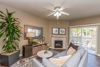 El Dorado Hills Apartments for Rent- Sterling Ranch - Wood-Style Flooring, Ceiling Fan, Built-in Fireplace, and Outdoor Entrance to Patio