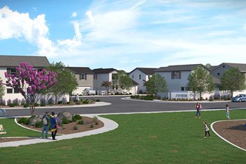 Rendering of community homes with park