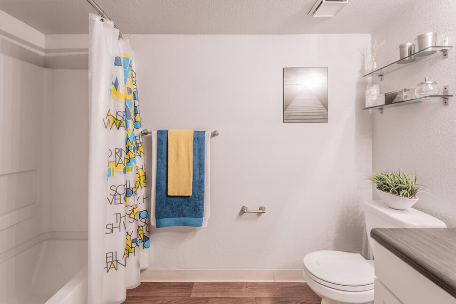 Bath shower and vanity  l The Edge Apartments in Davis, CA