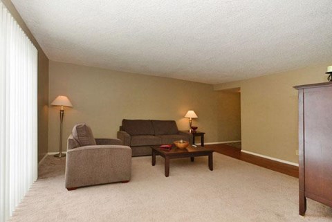 A living room with a grey couch, a brown armchair, and a wooden coffee table.