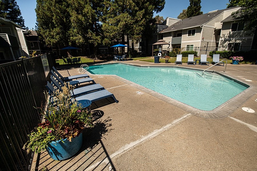 a swimming pool with benches next to a house