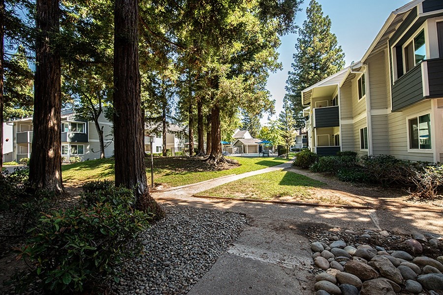 a pathway between two apartment buildings with trees and gravel