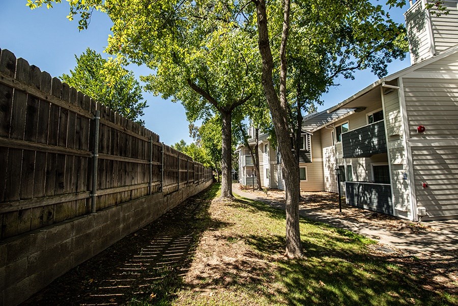 the yard of a house next to a fence and trees
