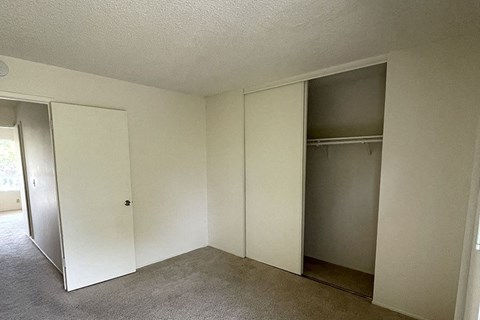 an empty living room with a closet in it