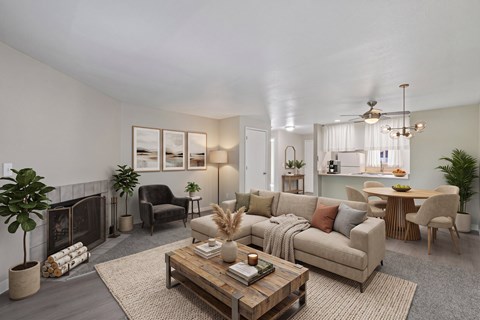 A living room with a fireplace and a couch.