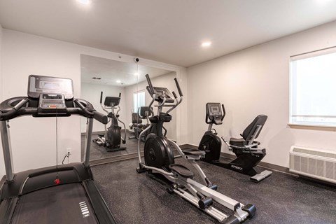 A well-equipped gym with treadmills, elliptical machines, and other exercise equipment.