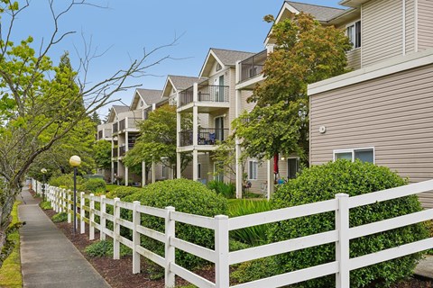 A white picket fence separates a sidewalk from a row of houses at Vintage at Burien,Burien,WA,98168