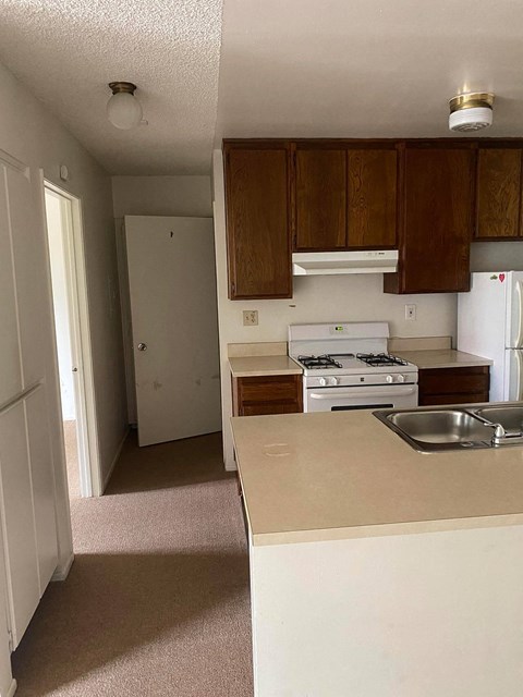 an empty kitchen with a stove and a sink