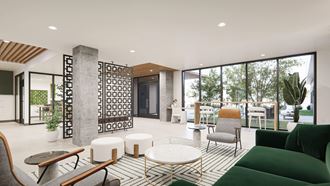 Pet-Friendly Apartments in Downtown Sacramento, CA - Mod at Midtown - Lobby Area with Large Green Couch, High Ceilings, Wall-to-Wall Windows, White Circle Coffee Table, and White Pouffe Chairs at THE 