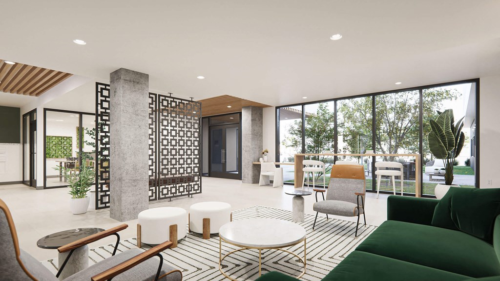 Pet-Friendly Apartments in Downtown Sacramento, CA - Mod at Midtown - Lobby Area with Large Green Couch, High Ceilings, Wall-to-Wall Windows, White Circle Coffee Table, and White Pouffe Chairs at THE